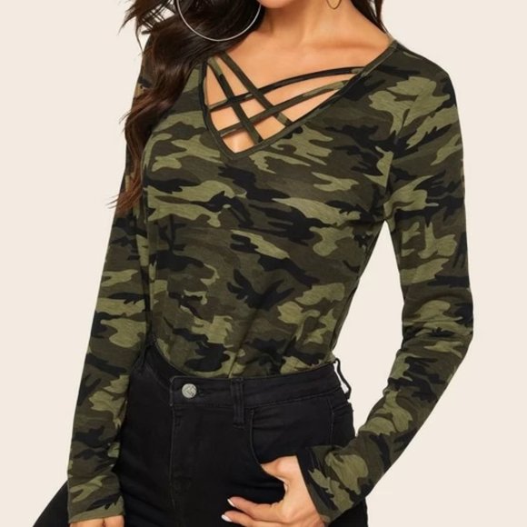 Tops - Camo Printed Tee Crisscross Neck in Size Small